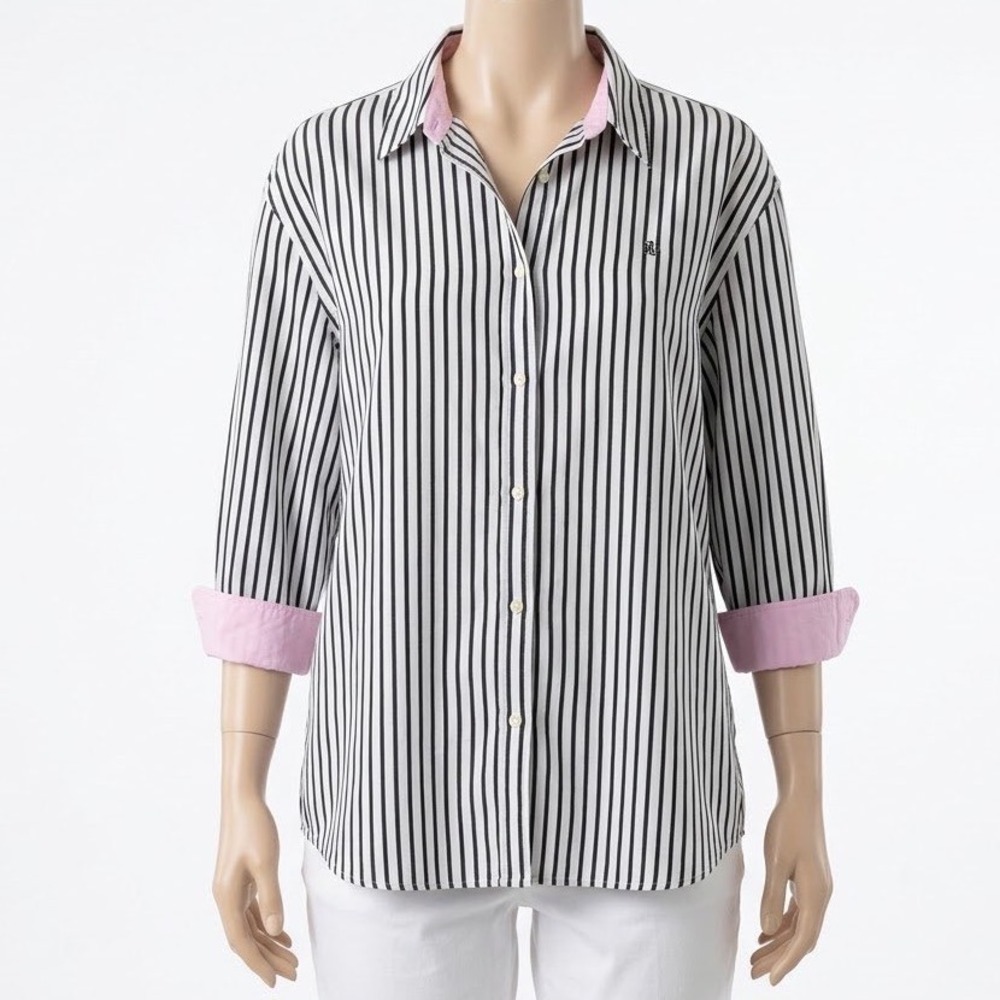 Lauren Ralph Lauren 2X Linen Striped Button Up Shirt Black White Pink Trim